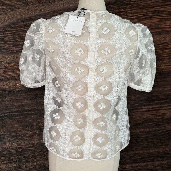 SANDRO Esperance Blouse Top Sz M NEW $280 White Sheer w Lace Puffed Short Sleeve - Picture 5 of 10